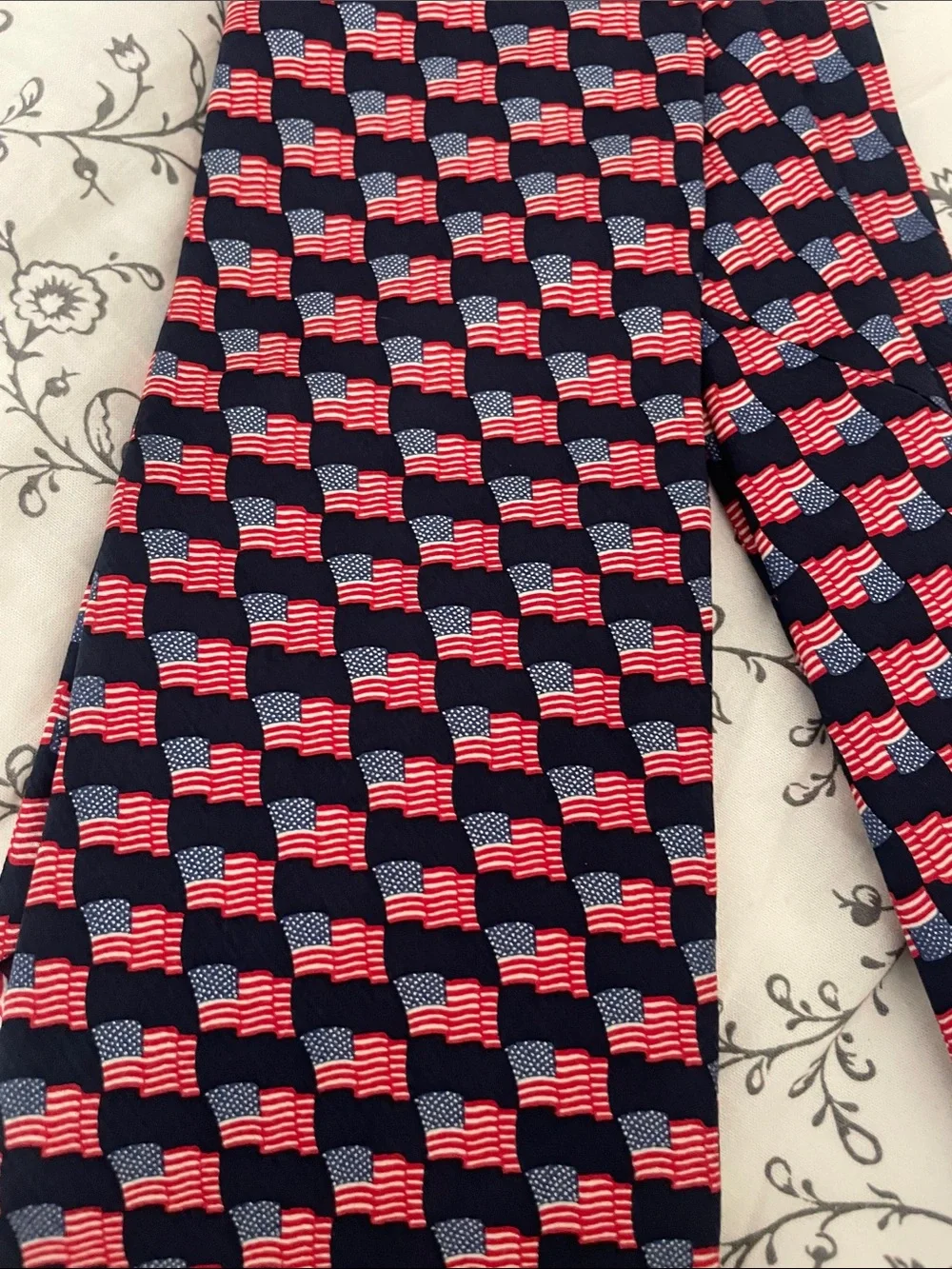 Men's Navy Blue Tie with Red Flag Pattern